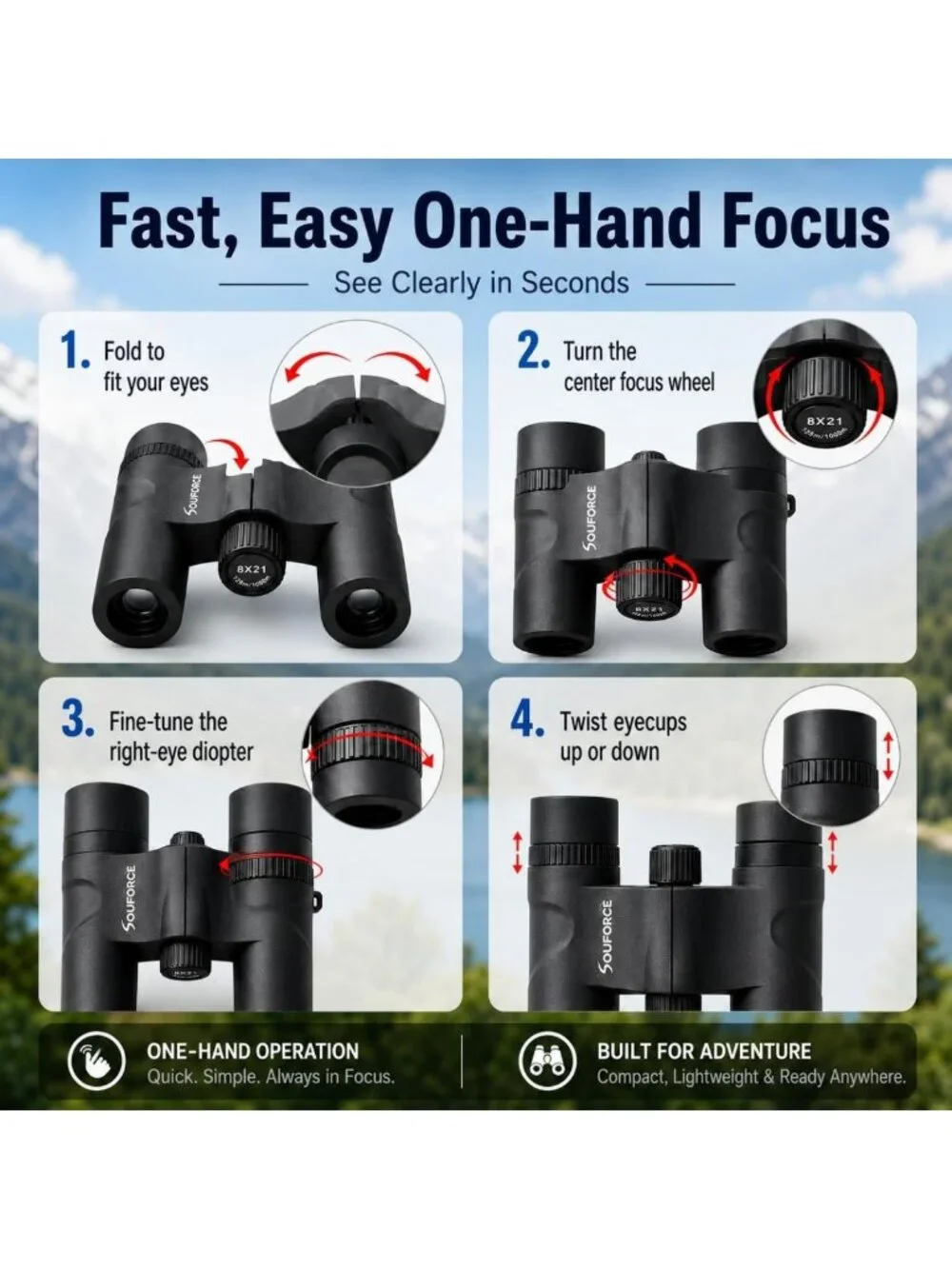 High-Powered 8x21 Compact Binoculars for Adults, BAK4 Prism, Lightweight